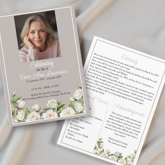 Elegant White Roses Taupe Funeral Folded プログラム
