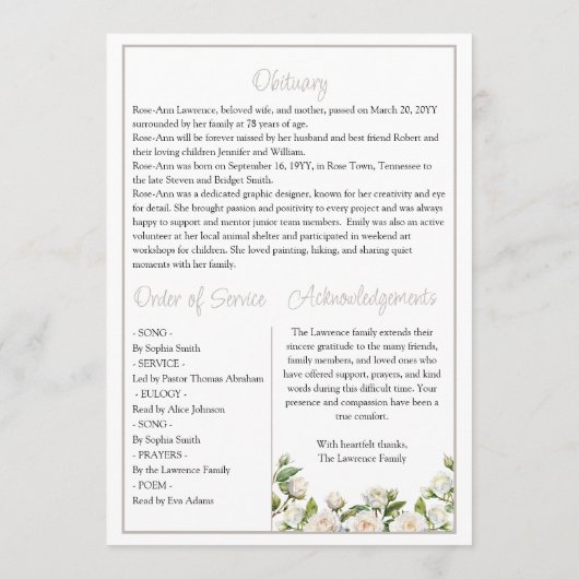 Elegant White Roses Taupe Funeral Folded プログラム (裏面)