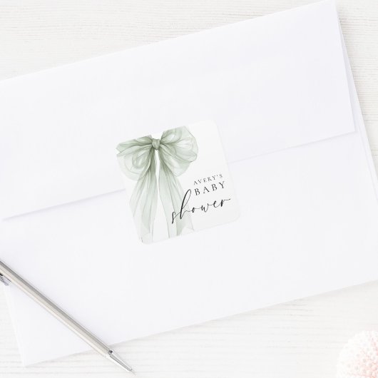 Elegant White Sage Green Bow Baby Shower スクエアシール