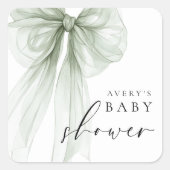 Elegant White Sage Green Bow Baby Shower スクエアシール (正面)
