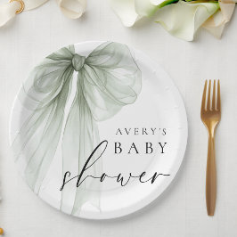 Elegant White Sage Green Bow Baby Shower ペーパープレート