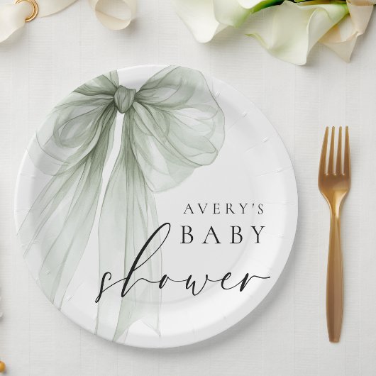 Elegant White Sage Green Bow Baby Shower ペーパープレート