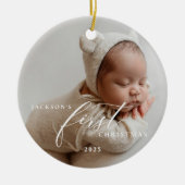 Elegant White Script Baby's First Christmas Photo  セラミックオーナメント (正面)