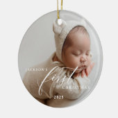 Elegant White Script Baby's First Christmas Photo  セラミックオーナメント (左)