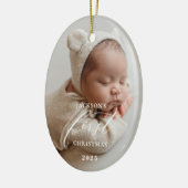 Elegant White Script Baby's First Christmas Photo  セラミックオーナメント (左)