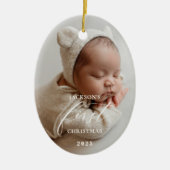 Elegant White Script Baby's First Christmas Photo  セラミックオーナメント (正面)