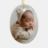Elegant White Script Baby's First Christmas Photo  セラミックオーナメント (裏面)