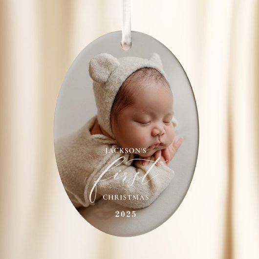 Elegant White Script Baby's First Christmas Photo  セラミックオーナメント