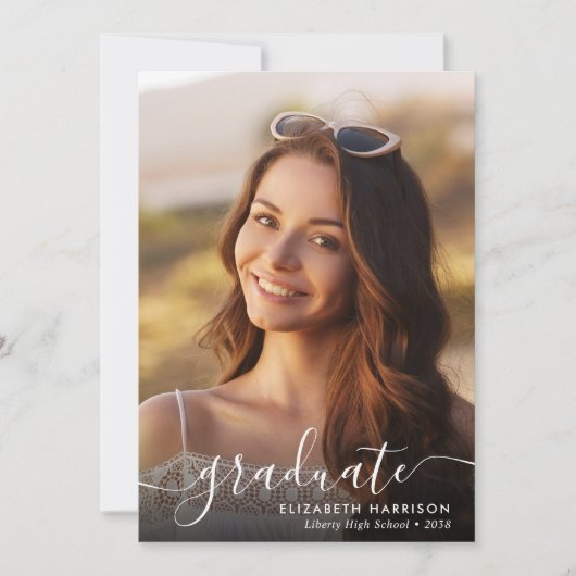 Elegant White Script Photo Overlay Graduate 案内状 (正面)