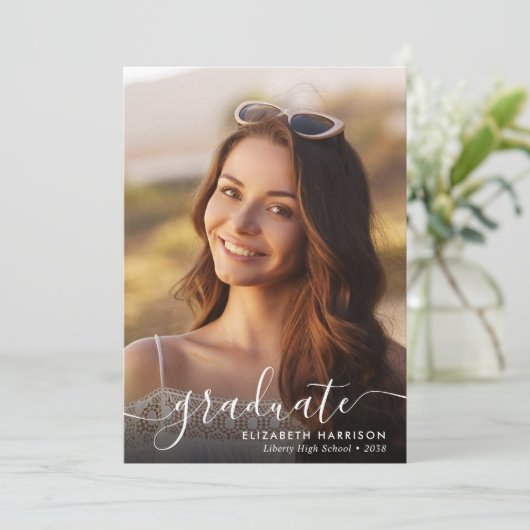 Elegant White Script Photo Overlay Graduate 案内状 (スタンド正面)