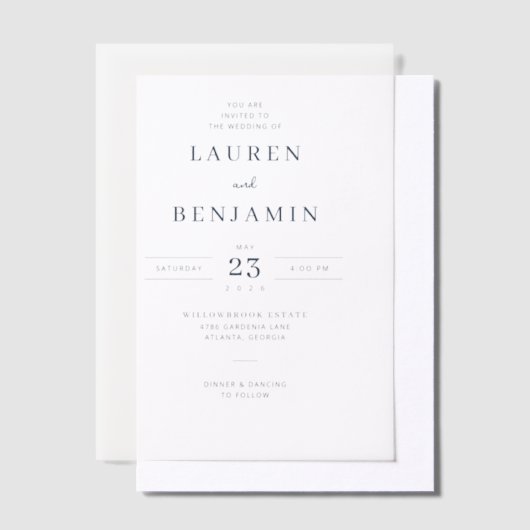 Elegant White Serif Wedding Invitation ベラム紙招待状 (オフセット)