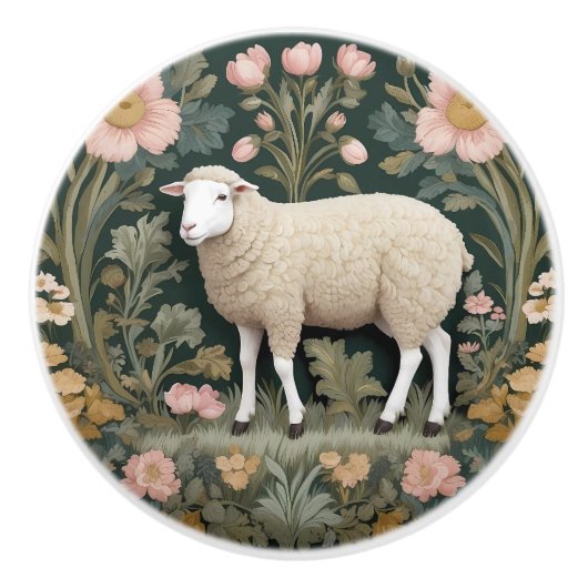 Elegant White Sheep William Morris Inspired セラミックノブ (正面)