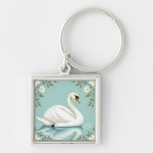 Elegant white swan floral blue キーホルダー (正面)