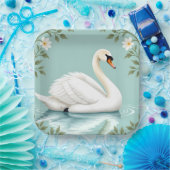 Elegant white swan floral blue ペーパープレート (パーティー)