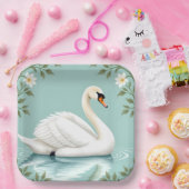 Elegant white swan floral blue ペーパープレート (パーティー)