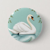 Elegant white swan floral blue 缶バッジ (正面)