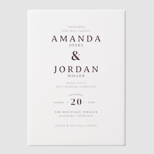 Elegant White Typographic ベラム紙招待状 (正面)