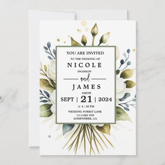Elegant White Watercolor Floral 招待状 (正面)