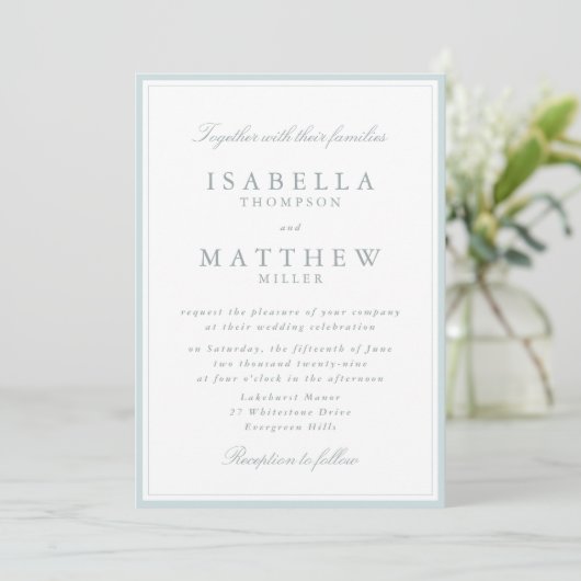 Elegant White Wedding Invitation with Blue Frame 招待状 (スタンド正面)