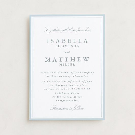 Elegant White Wedding Invitation with Blue Frame 招待状