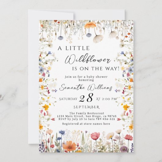 Elegant White Wildflower Bloom Baby Shower 招待状 (正面)