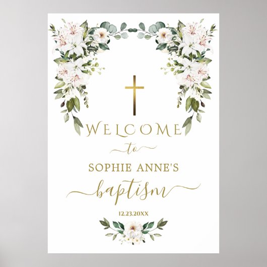 Elegant WhiteLily Wild Rose Welcome Baptism Sign ポスター (正面)