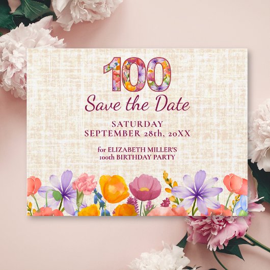 Elegant Wildflower 100th Birthday Save the Date 案内ポストカード