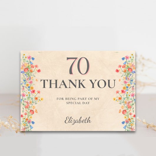 Elegant Wildflower 70th Birthday Thanks サンキューカード