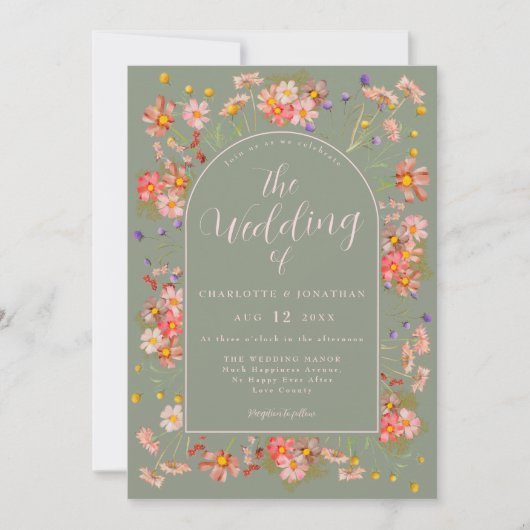 Elegant Wildflower Arch Sage Green Blush Wedding 招待状 (正面)