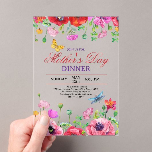 Elegant Wildflower Black Chic Mother's Day Dinner アクリル招待状 (インサイチュ (ポータブル))