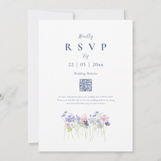 Elegant Wildflower Blue Blush Pink QR Code 招待状 (裏面)