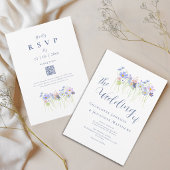 Elegant Wildflower Blue Blush Pink QR Code 招待状