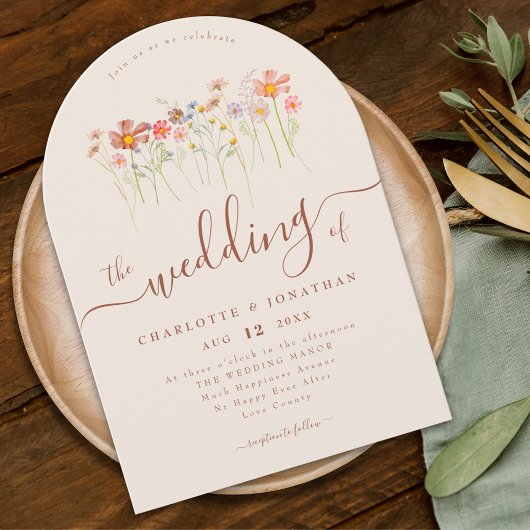 Elegant Wildflower Boho Beige Terracotta Wedding 招待状