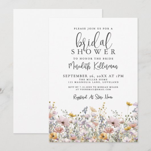 Elegant Wildflower Bridal Shower 招待状 (正面/裏面)