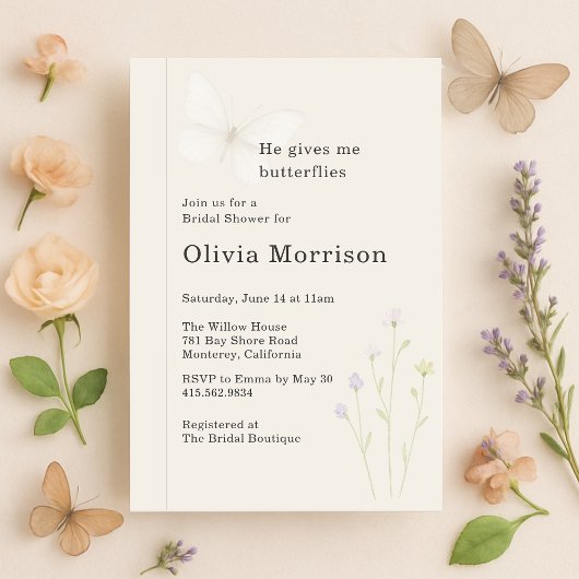 Elegant Wildflower Butterflies Bridal Shower 招待状