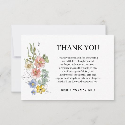 Elegant Wildflower Floral Monogram Crest Wedding サンキューカード (正面)