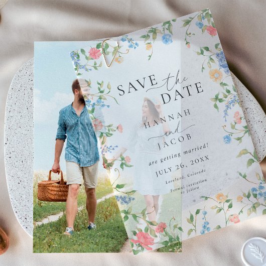 Elegant Wildflower Floral Photo Wedding ベラム紙招待状