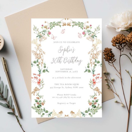 Elegant Wildflower Garden 30th birthday 招待状