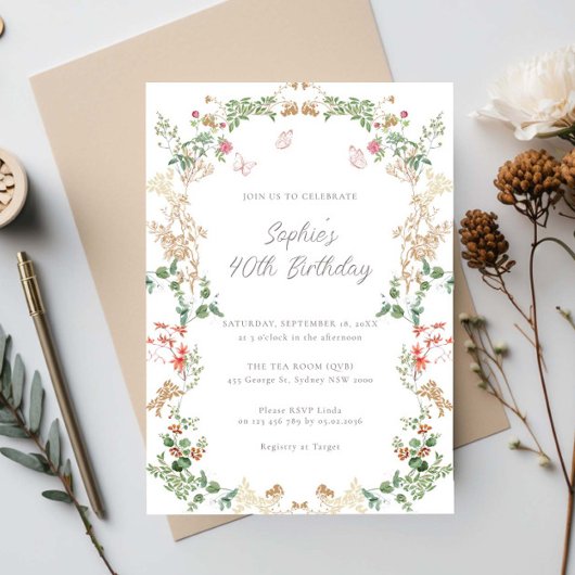 Elegant Wildflower Garden 40th birthday 招待状
