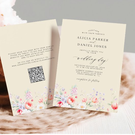 Elegant wildflower garden beige QR RSVP wedding 招待状