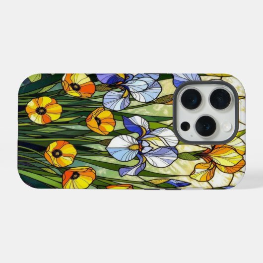 Elegant Wildflower irises buttercup stained Glass iPhoneケース (裏面横)