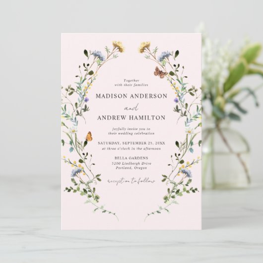 Elegant Wildflower Meadow Blush Pink Wedding 招待状 (スタンド正面)