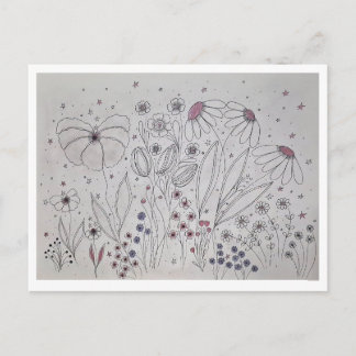 Elegant Wildflower Meadow Line Art 案内ポストカード