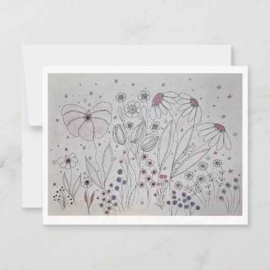 Elegant Wildflower Meadow Line Art 案内状 (正面)