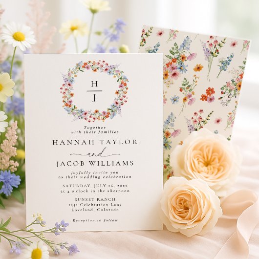 Elegant Wildflower Meadow Monogram Wedding 招待状