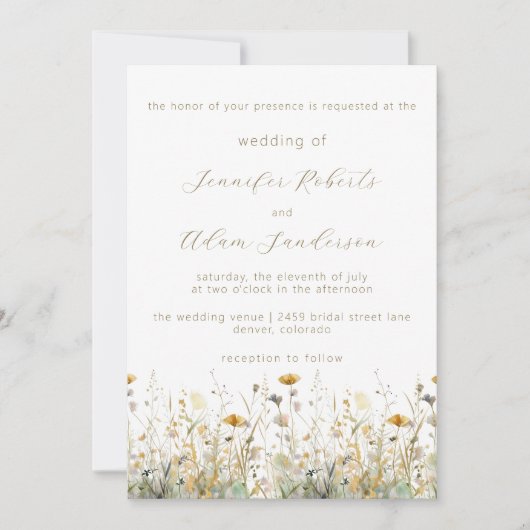 Elegant Wildflower Meadow Neutral Wedding 招待状 (正面)