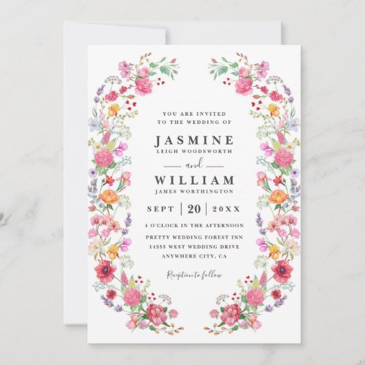 Elegant Wildflower Meadow Spring QR Code Wedding 招待状 (正面)