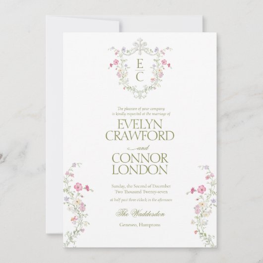 Elegant Wildflower Meadow Wreath Wedding 招待状 (正面)