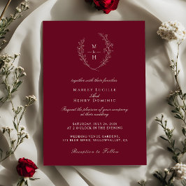 Elegant Wildflower Monogram Burgundy Wedding 招待状