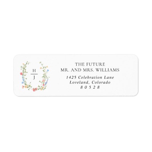 Elegant Wildflower Monogram Wedding Return Address ラベル (正面)